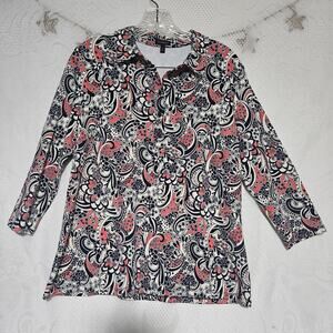 Talbots Medium Floral Paisley Henley Top Maximalist Artsy Y2K Nostalgia 90s Boho